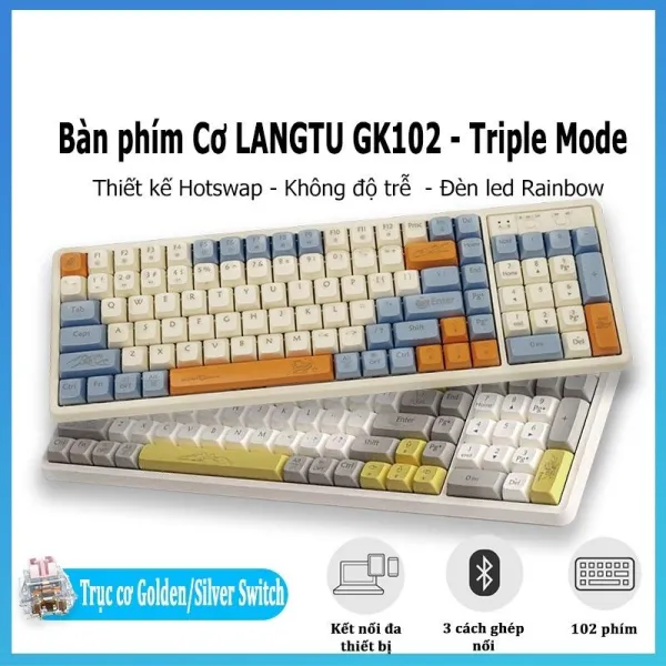 Bàn phím cơ không dây Bluetooth LANGTU GK102 Triple Mode, Có LED 3 Kiểu Kết Nối 